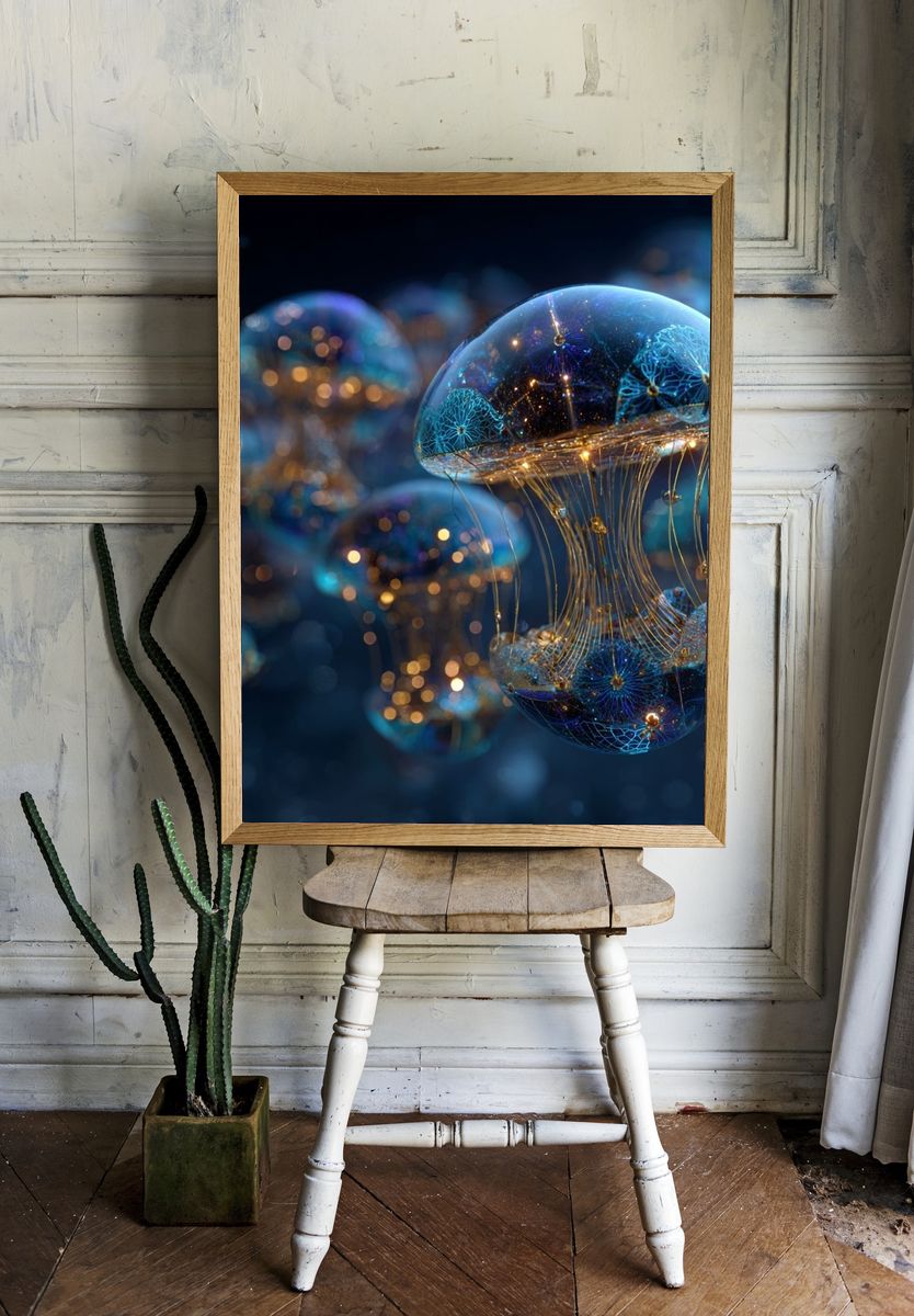 Bioluminescent Jellyfish Abstract Print. — room view 1