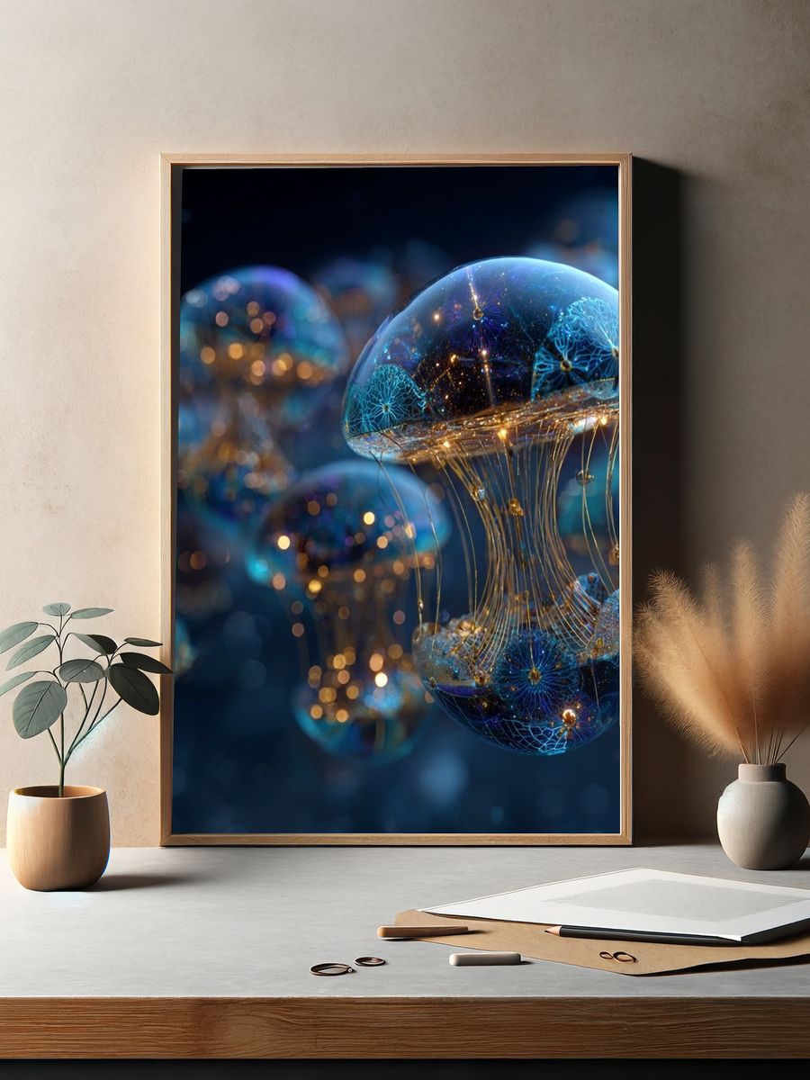 Bioluminescent Jellyfish Abstract Print. — room view 2