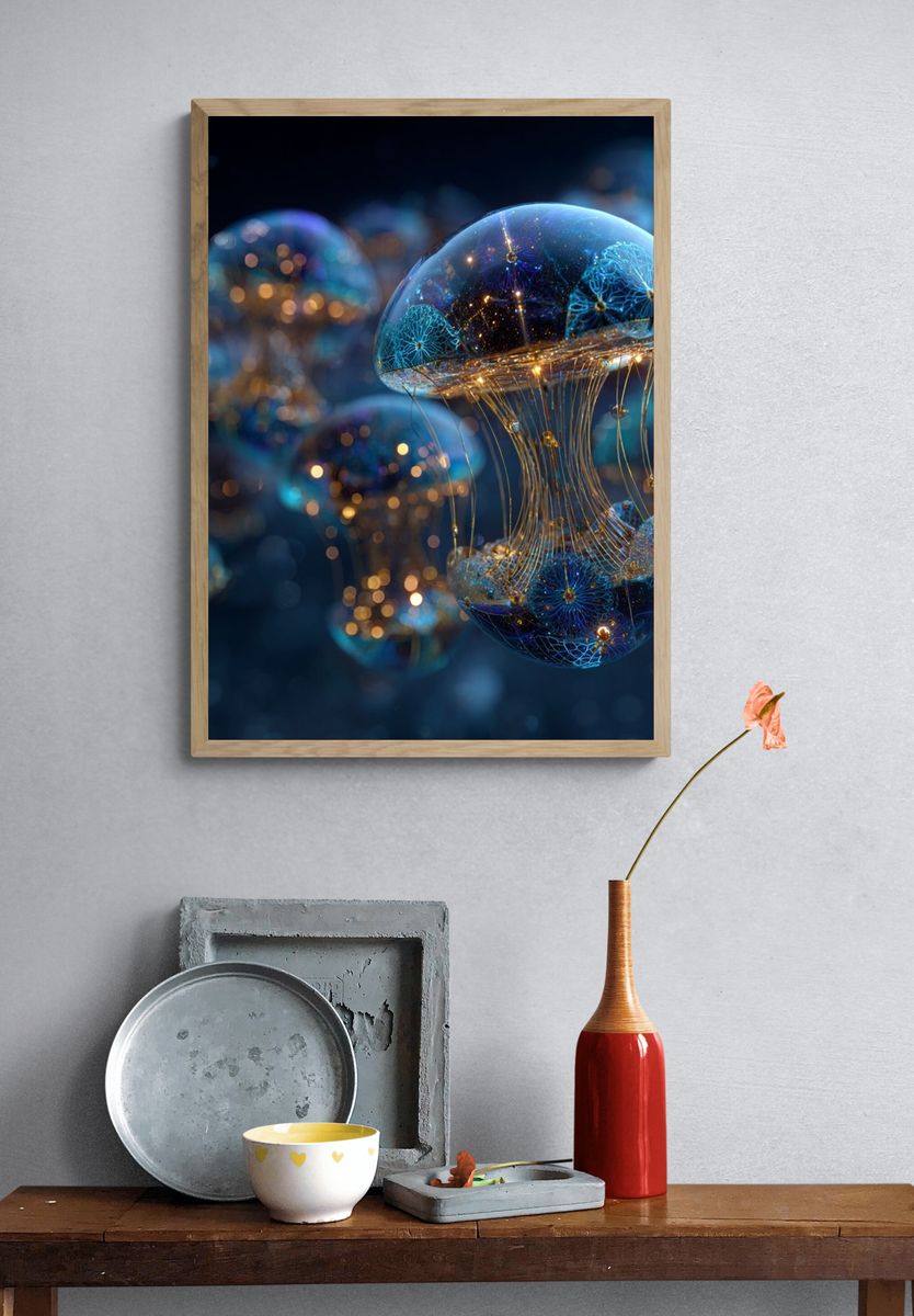 Bioluminescent Jellyfish Abstract Print. — room view 3