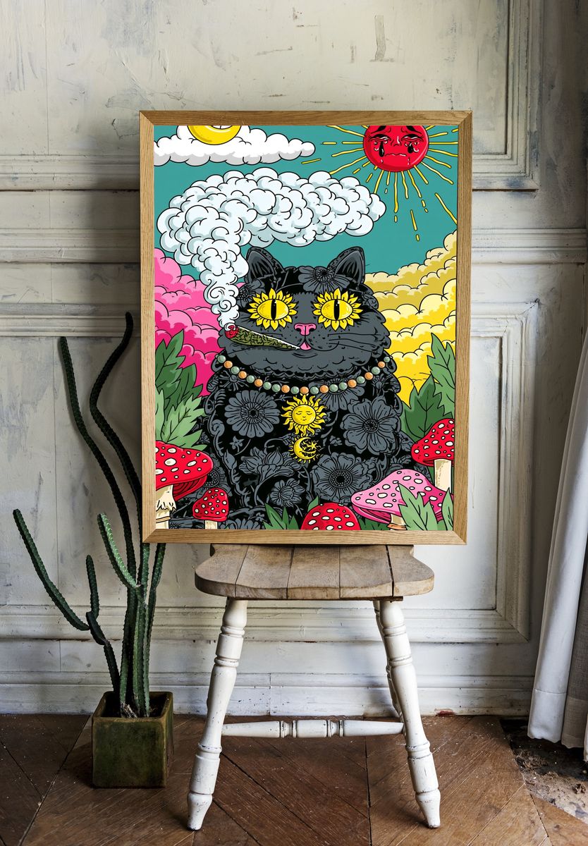 Psychedelic Black Cat Illustration Poster. room preview