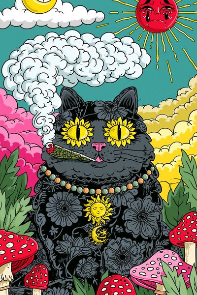 Psychedelic Black Cat Illustration Poster.