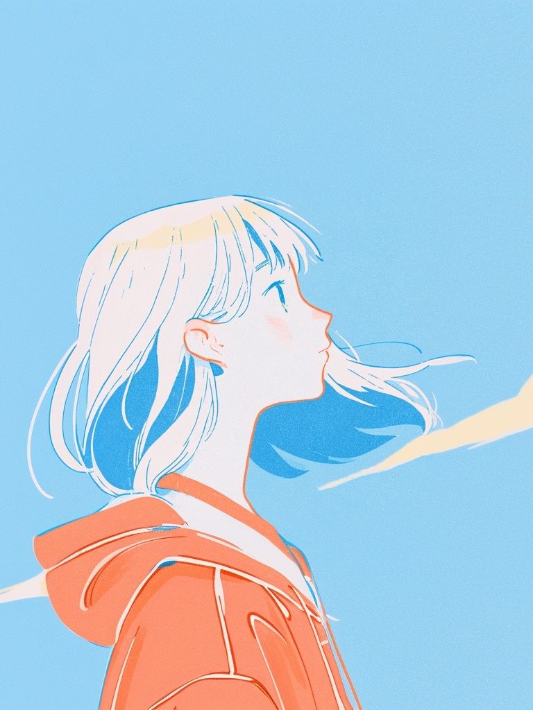 Dreamy Girl in Blue Sky Illustration Poster. poster detail