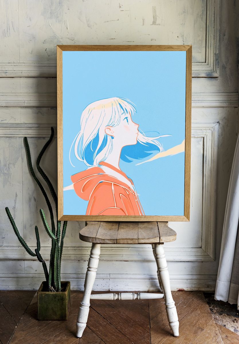 Dreamy Girl in Blue Sky Illustration Poster. room preview
