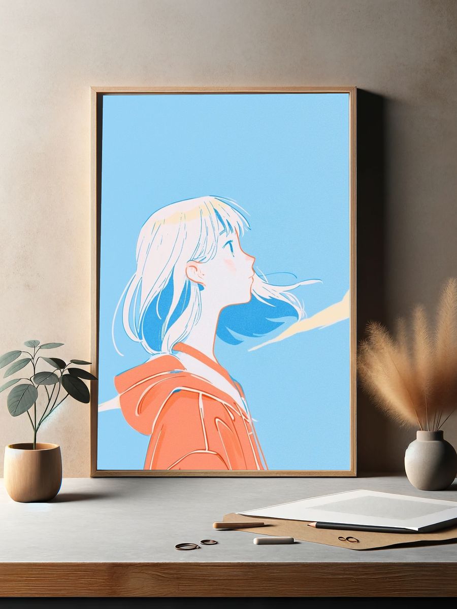 Dreamy Girl in Blue Sky Illustration Poster. — room view 2