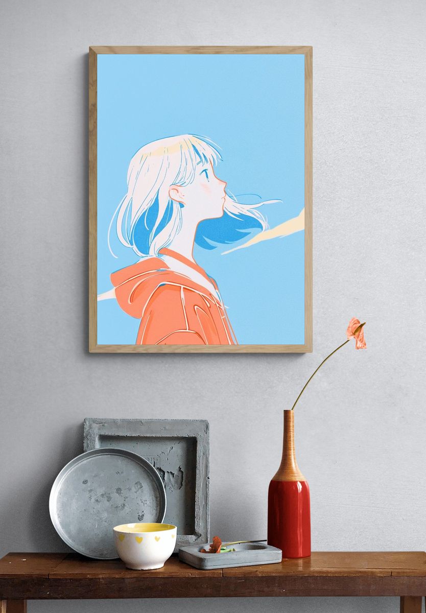 Dreamy Girl in Blue Sky Illustration Poster. — room view 3