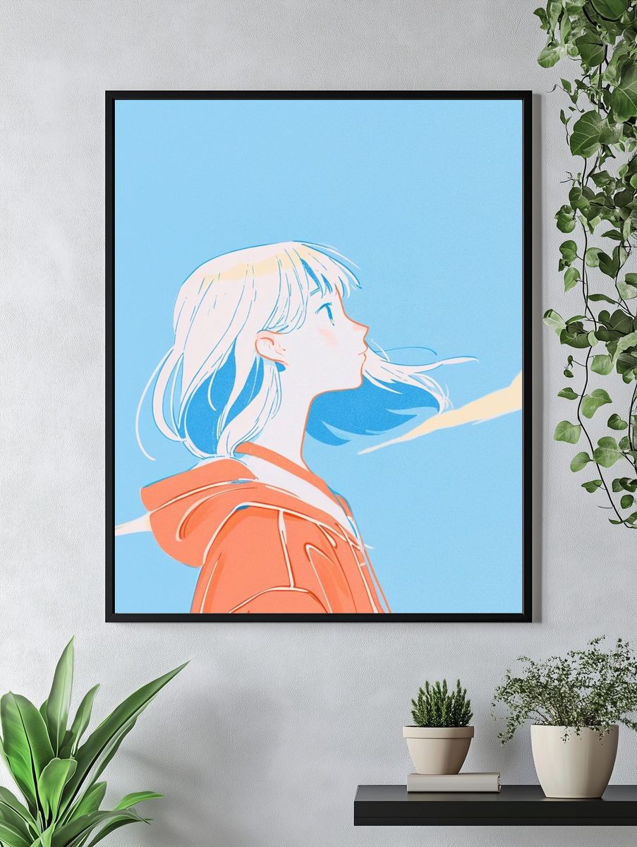 Dreamy Girl in Blue Sky Illustration Poster. — room view 4