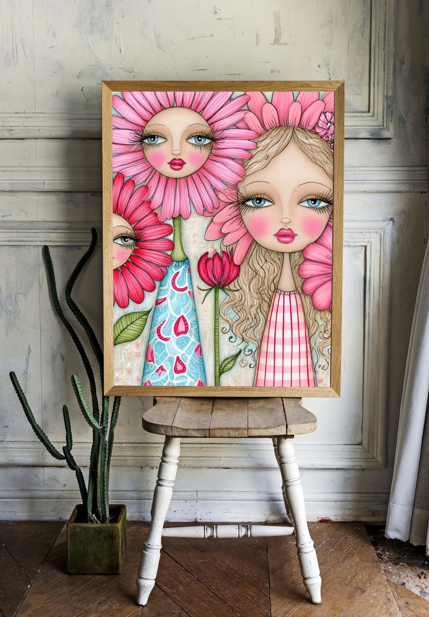 Pink Flower Girls Illustration Poster. — room view 1