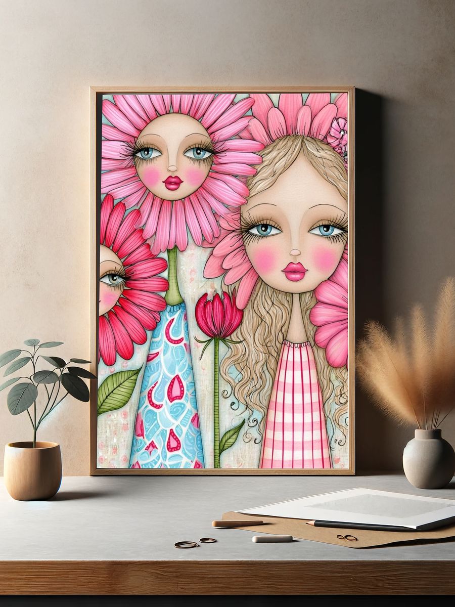 Pink Flower Girls Illustration Poster. — room view 2