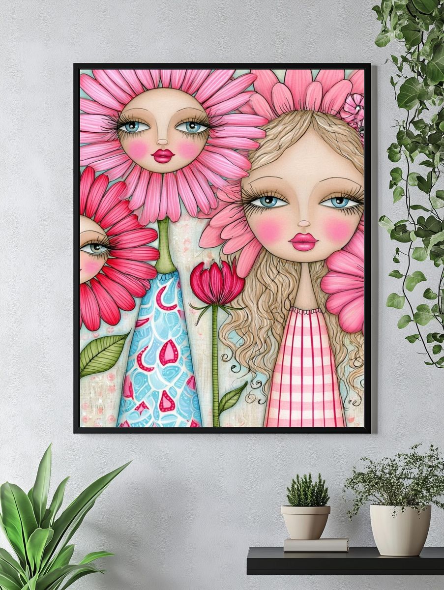 Pink Flower Girls Illustration Poster. — room view 4