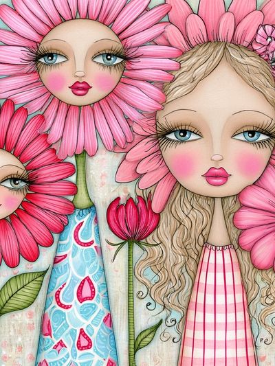 Pink Flower Girls Illustration Poster.