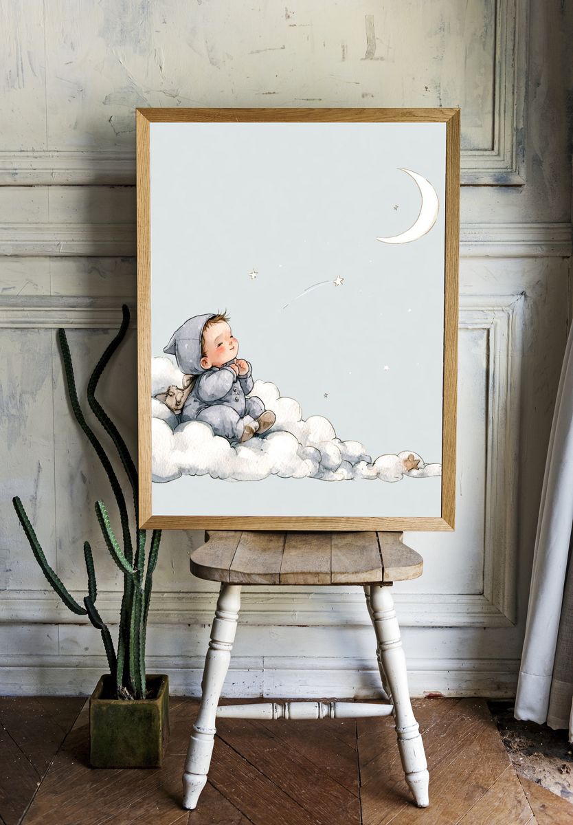 Sleeping Baby on Clouds Illustration Poster. room preview