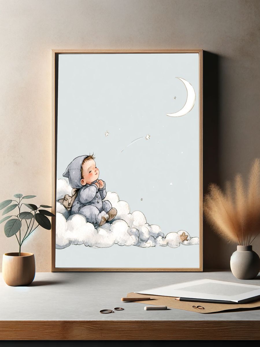 Sleeping Baby on Clouds Illustration Poster. — room view 2