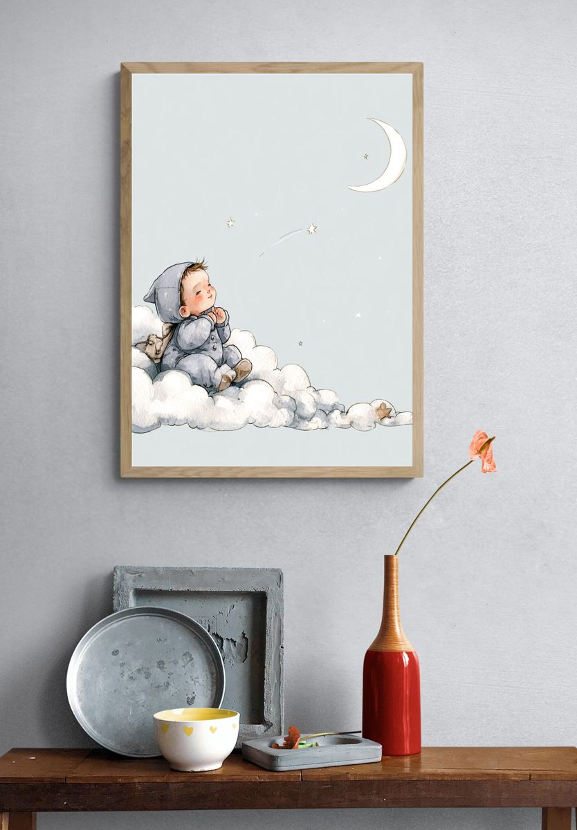 Sleeping Baby on Clouds Illustration Poster. — room view 3