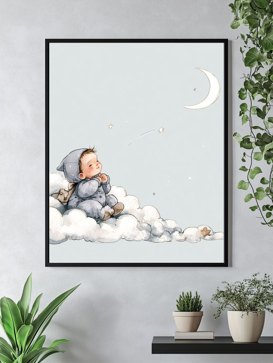 Sleeping Baby on Clouds Illustration Poster. — room view 4