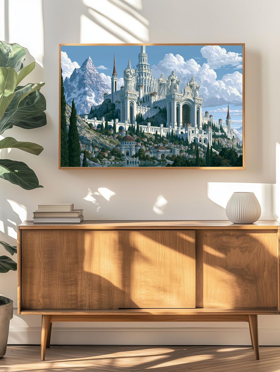 Fantasy Mountain Citadel Illustration Poster. — room view 3