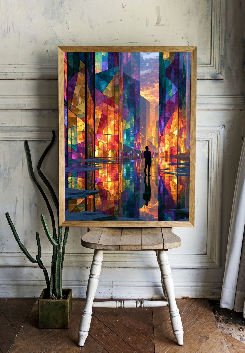 Stained Glass Cityscape Illustration Poster. — room view 1