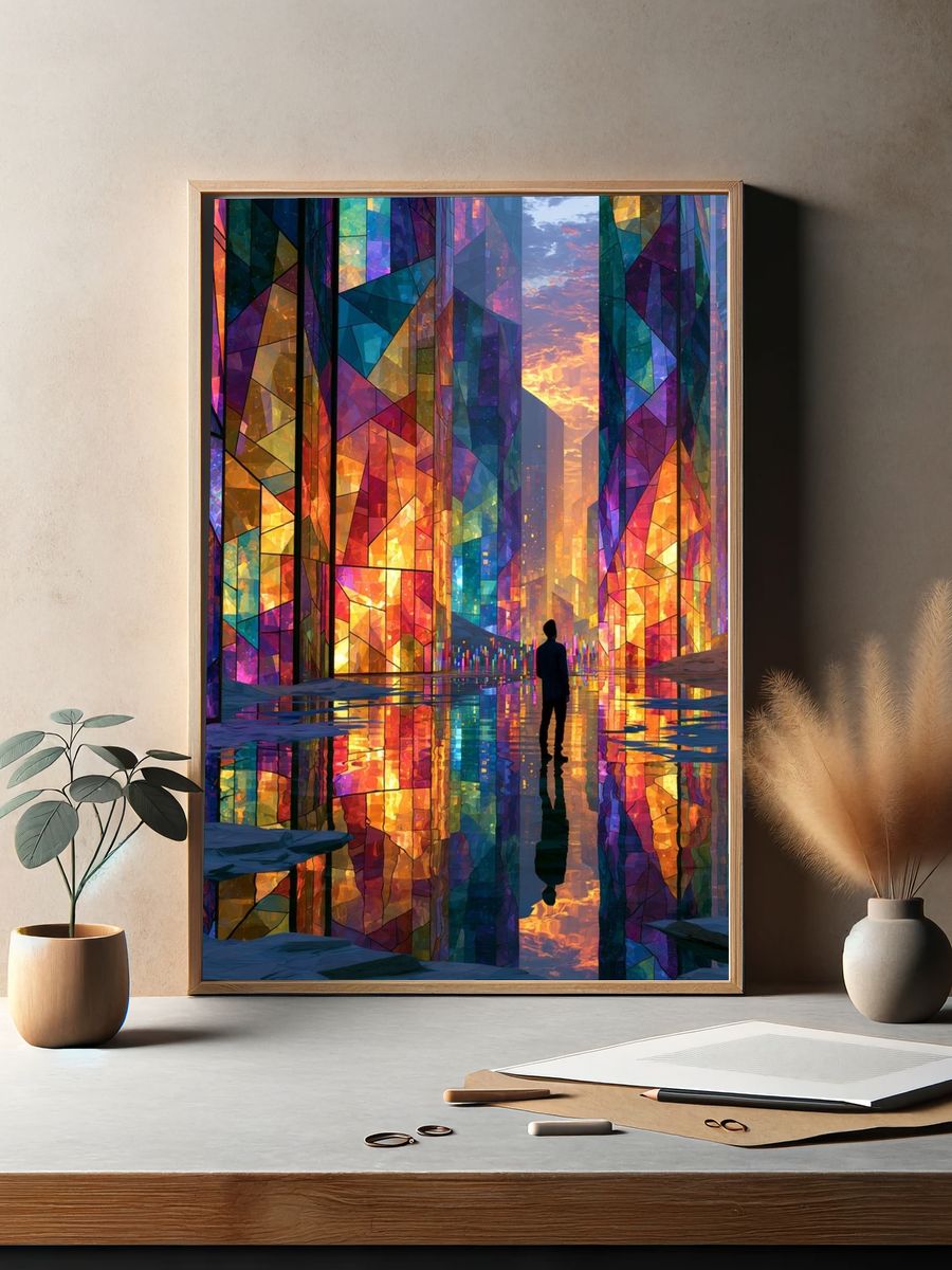 Stained Glass Cityscape Illustration Poster. — room view 2