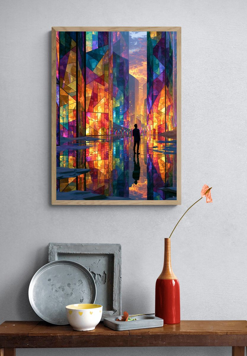 Stained Glass Cityscape Illustration Poster. — room view 3