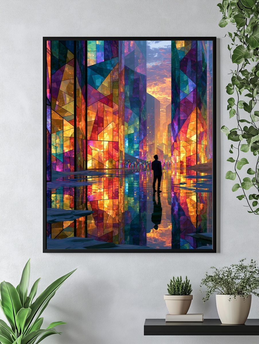Stained Glass Cityscape Illustration Poster. — room view 4