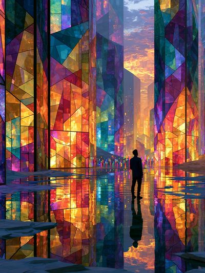 Stained Glass Cityscape Illustration Poster. poster