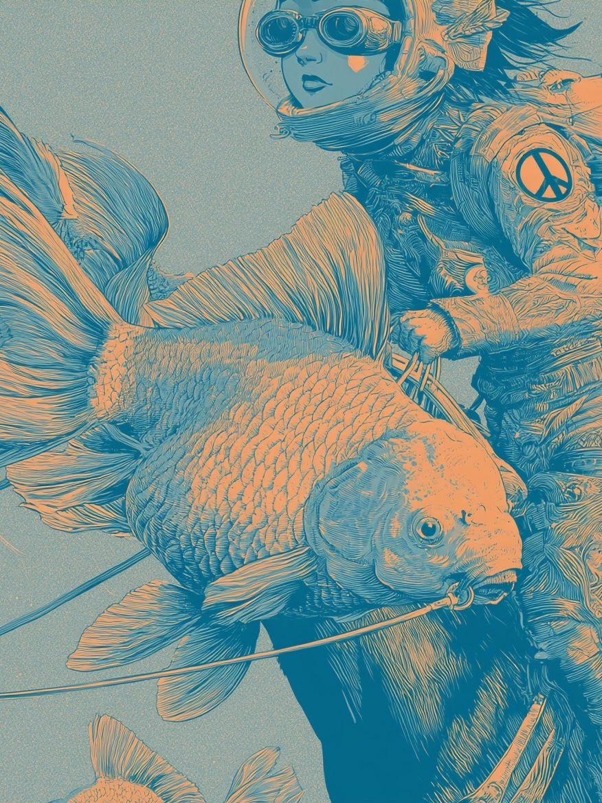 Aqua Diver with Koi Illustration Poster. poster detail
