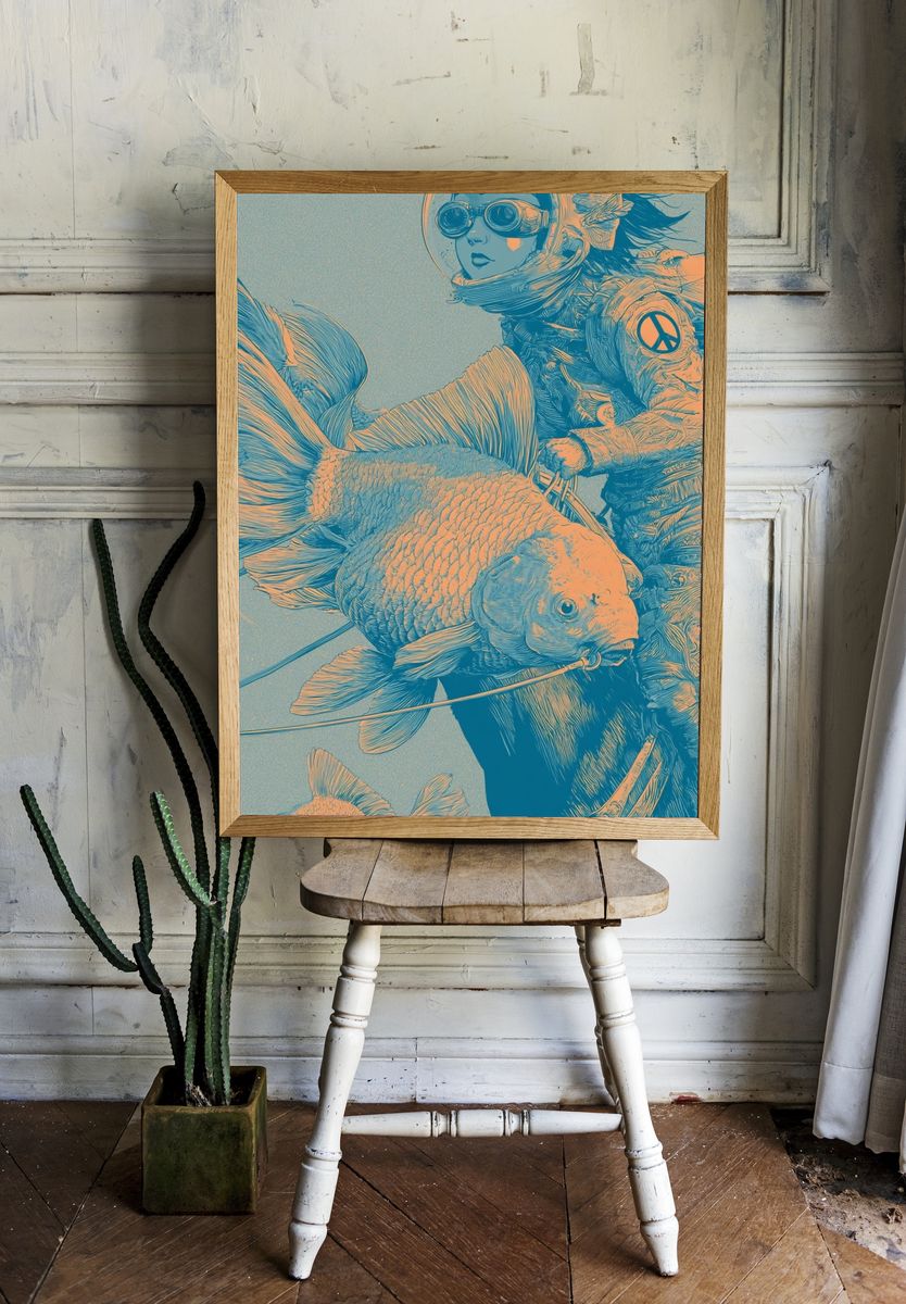 Aqua Diver with Koi Illustration Poster. room preview