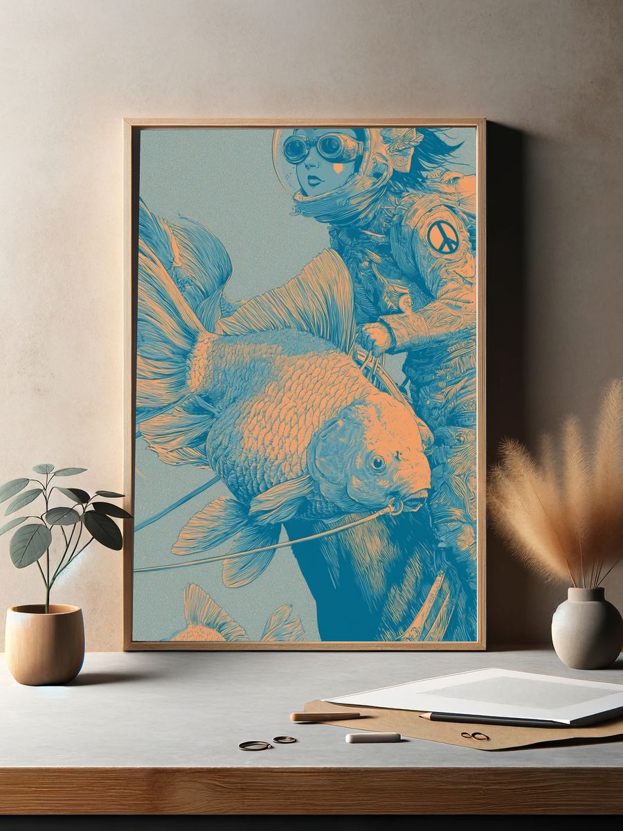 Aqua Diver with Koi Illustration Poster. — room view 2