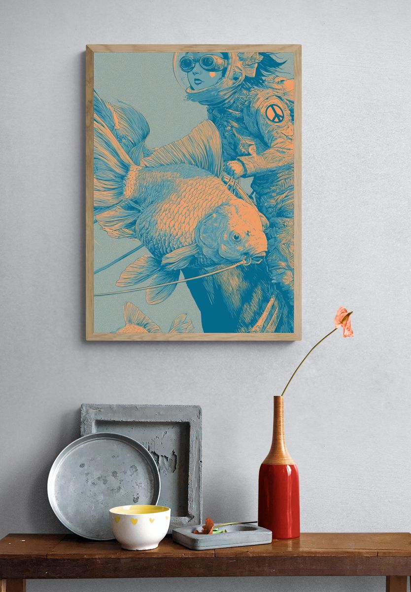 Aqua Diver with Koi Illustration Poster. — room view 3