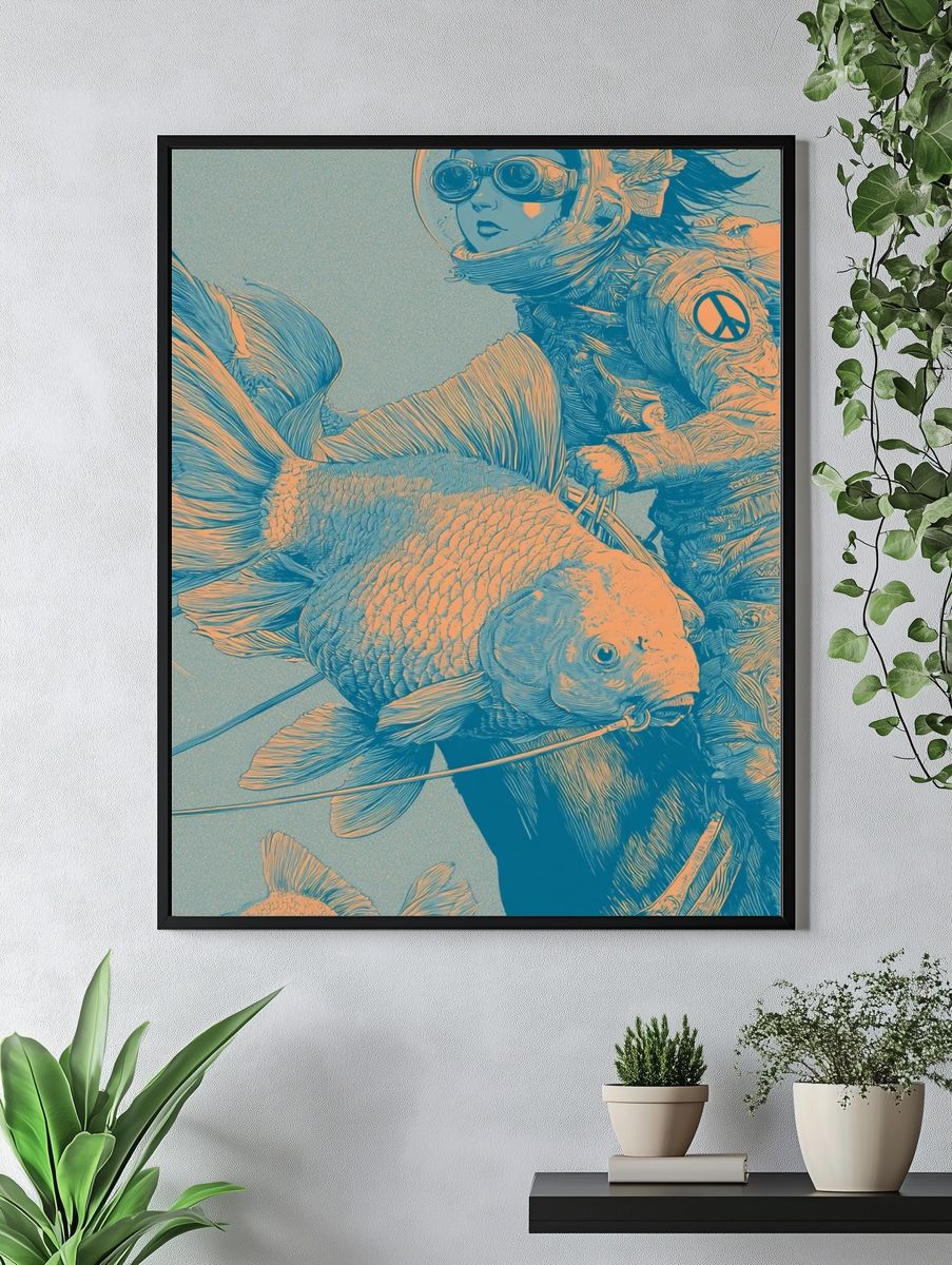 Aqua Diver with Koi Illustration Poster. — room view 4