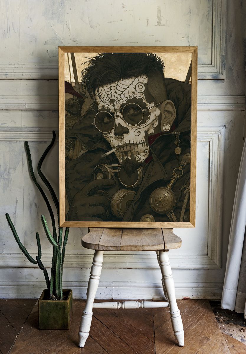 Steampunk Skull Portrait Print. room preview