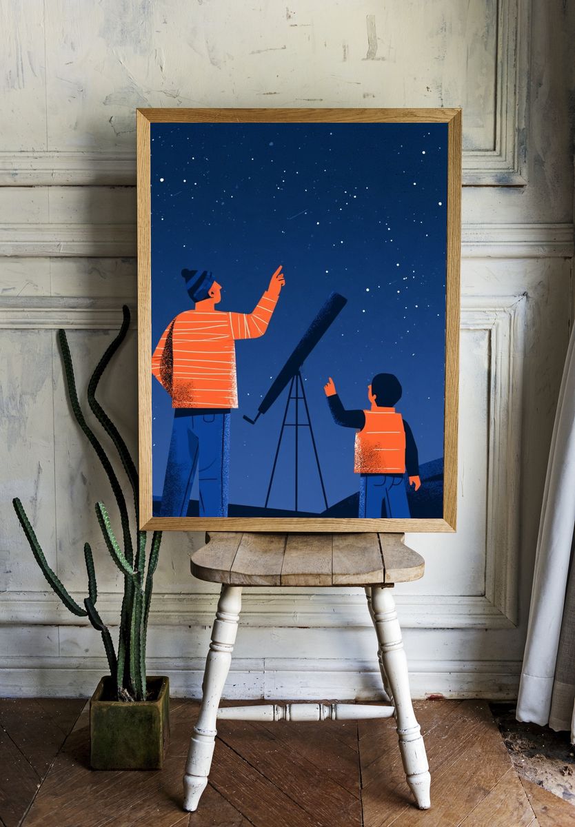 Stargazing Telescope Illustration Poster. — room view 1