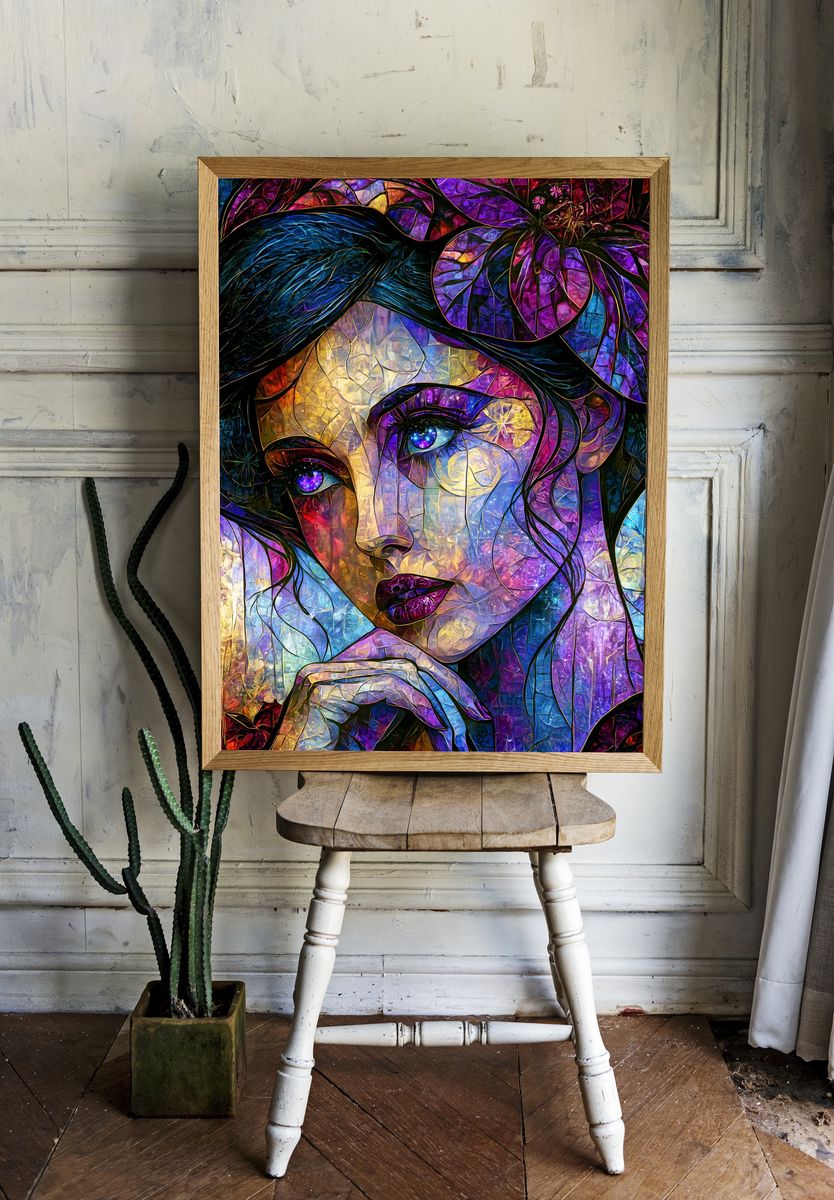 Stained Glass Woman Portrait Print. room preview