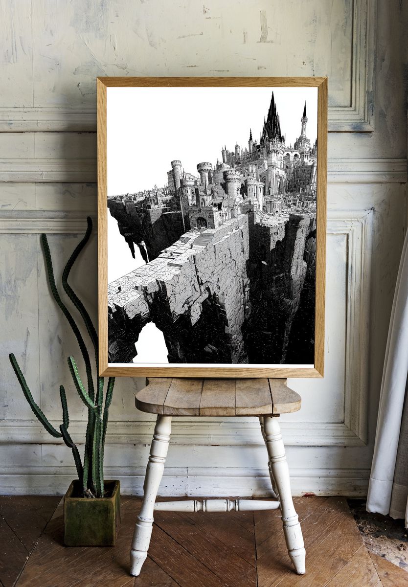 Fantasy Castle Cliffside Illustration Poster. — room view 1