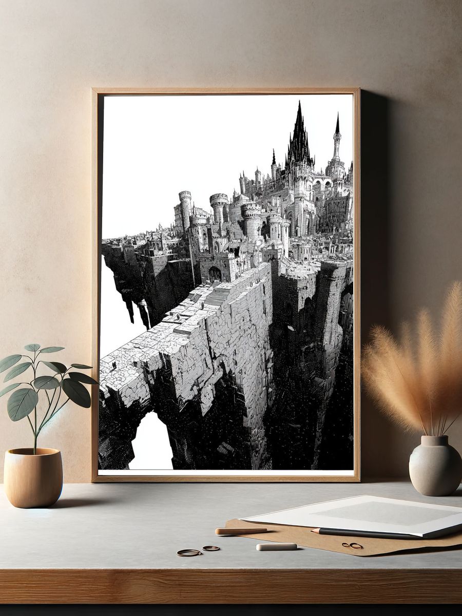 Fantasy Castle Cliffside Illustration Poster. — room view 2