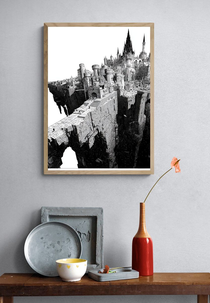 Fantasy Castle Cliffside Illustration Poster. — room view 3