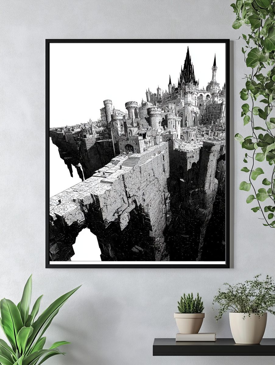 Fantasy Castle Cliffside Illustration Poster. — room view 4