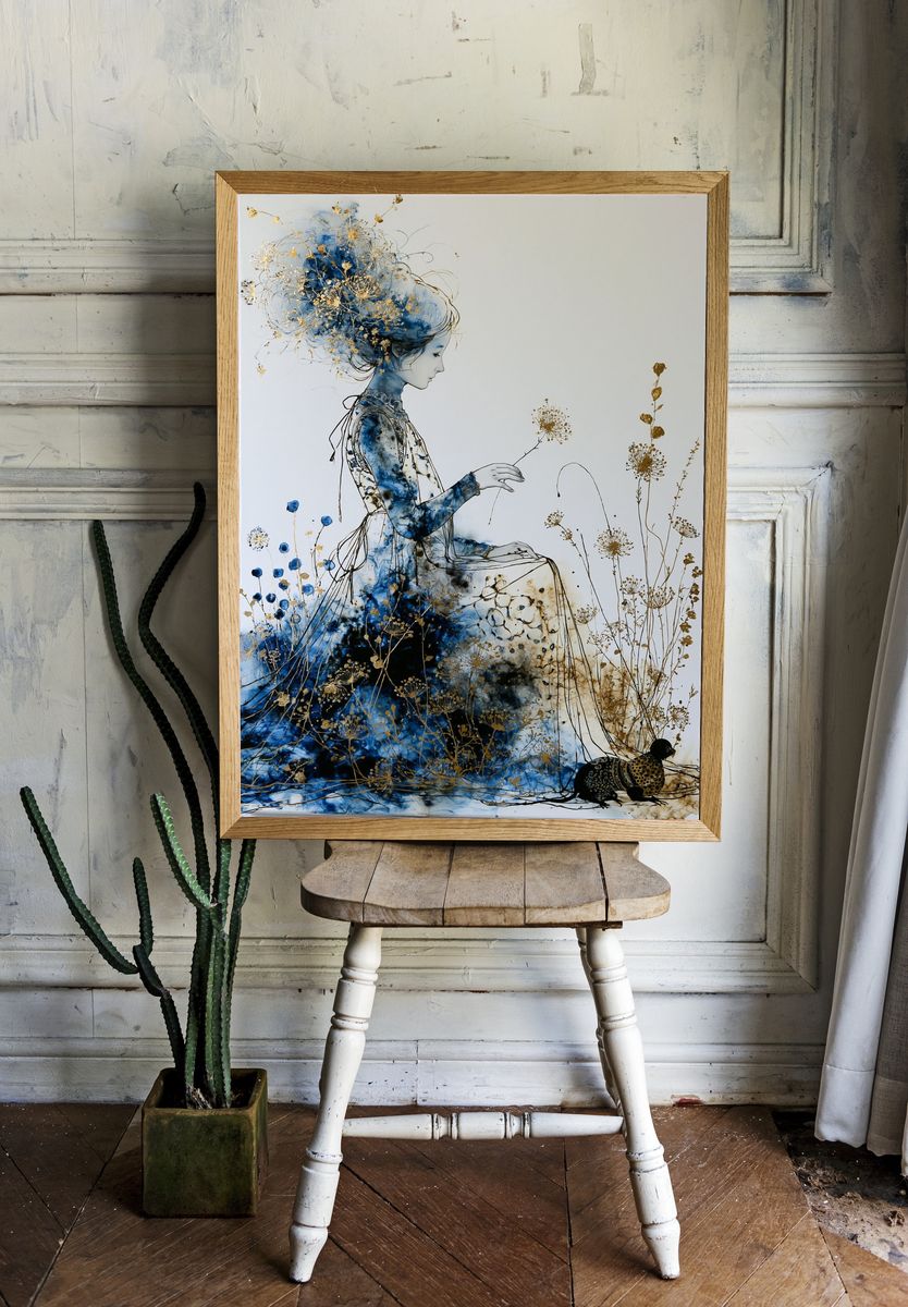 Blue Floral Woman Illustration Poster. room preview