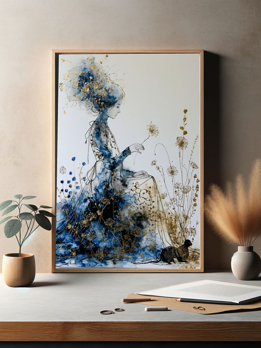 Blue Floral Woman Illustration Poster. — room view 2