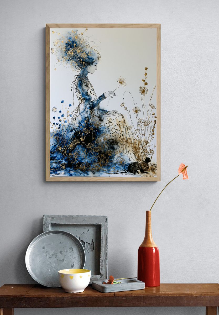 Blue Floral Woman Illustration Poster. — room view 3