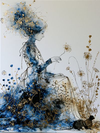 Blue Floral Woman Illustration Poster.