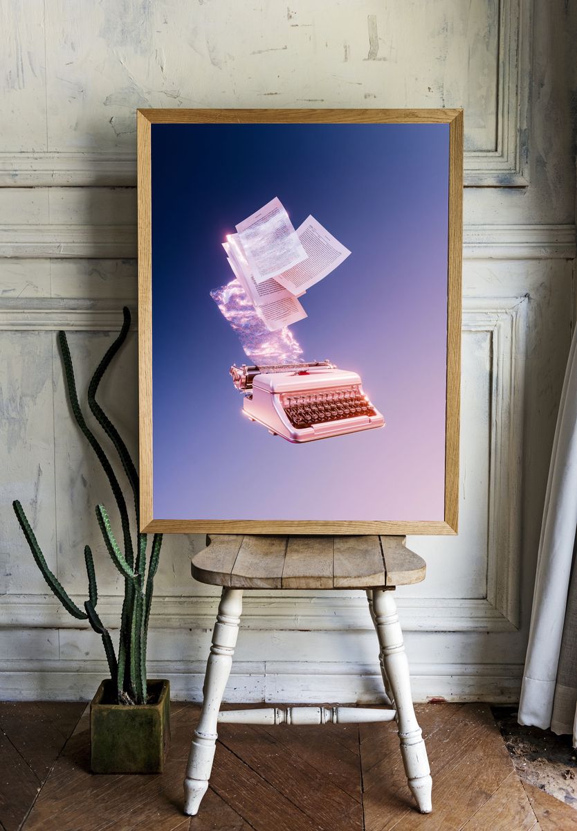 Floating Typewriter Digital Art Print. room preview