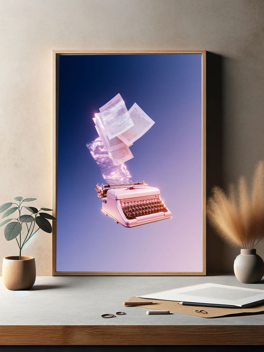 Floating Typewriter Digital Art Print. — room view 2