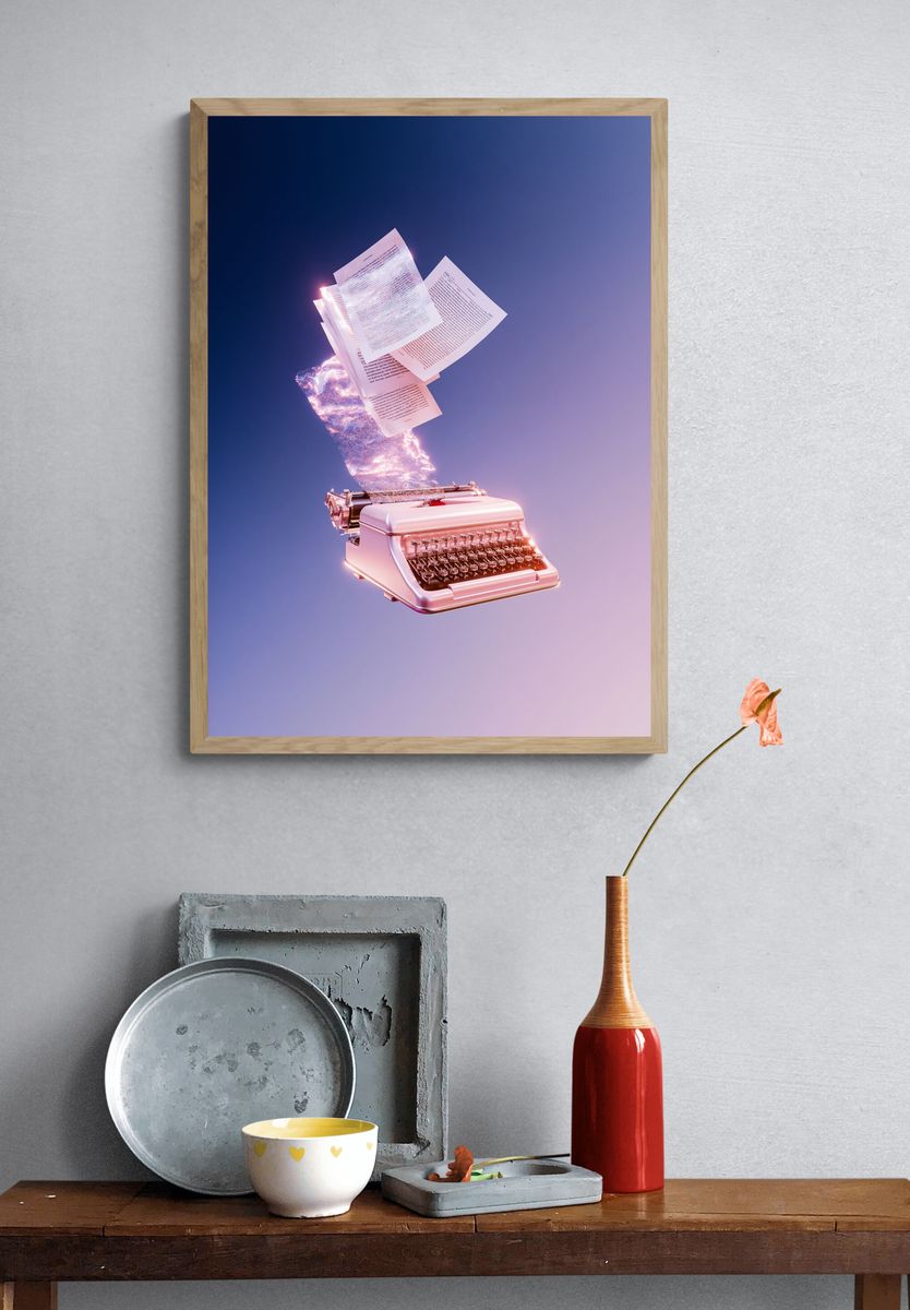 Floating Typewriter Digital Art Print. — room view 3