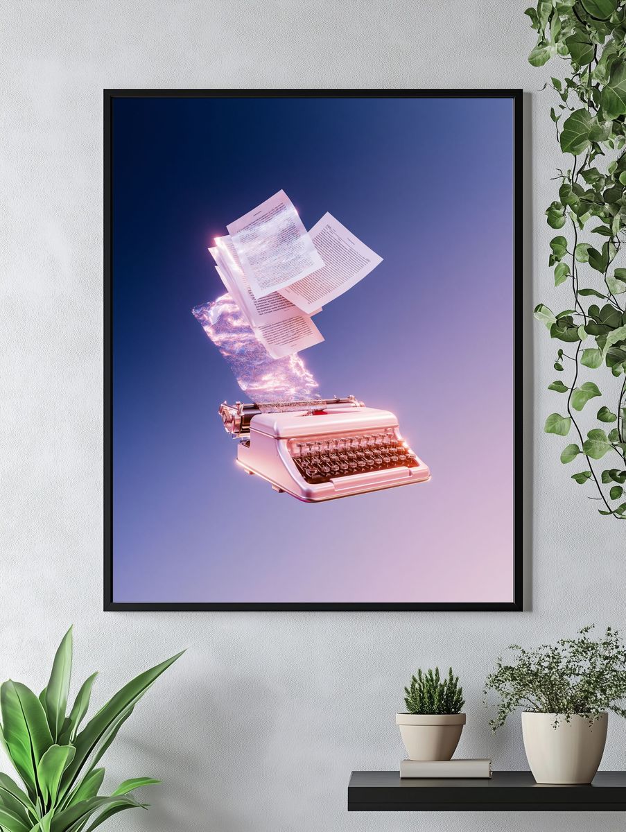 Floating Typewriter Digital Art Print. — room view 4