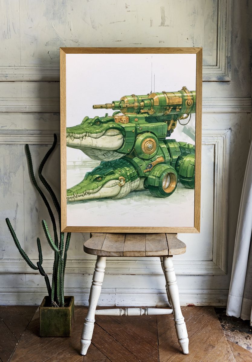 Steampunk Crocodile Mech Illustration Poster. room preview