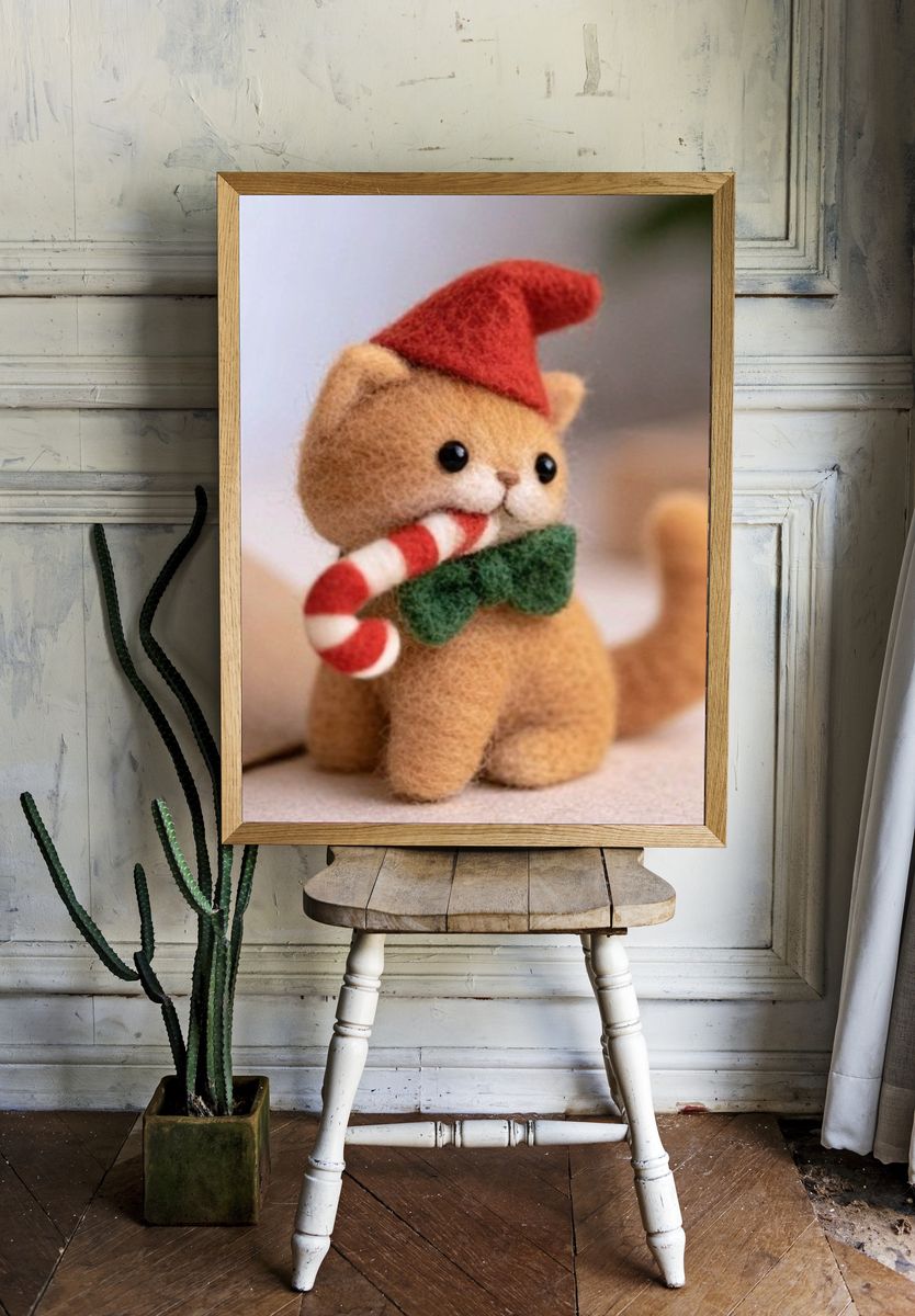 Felt Christmas Cat Illustration Poster. room preview