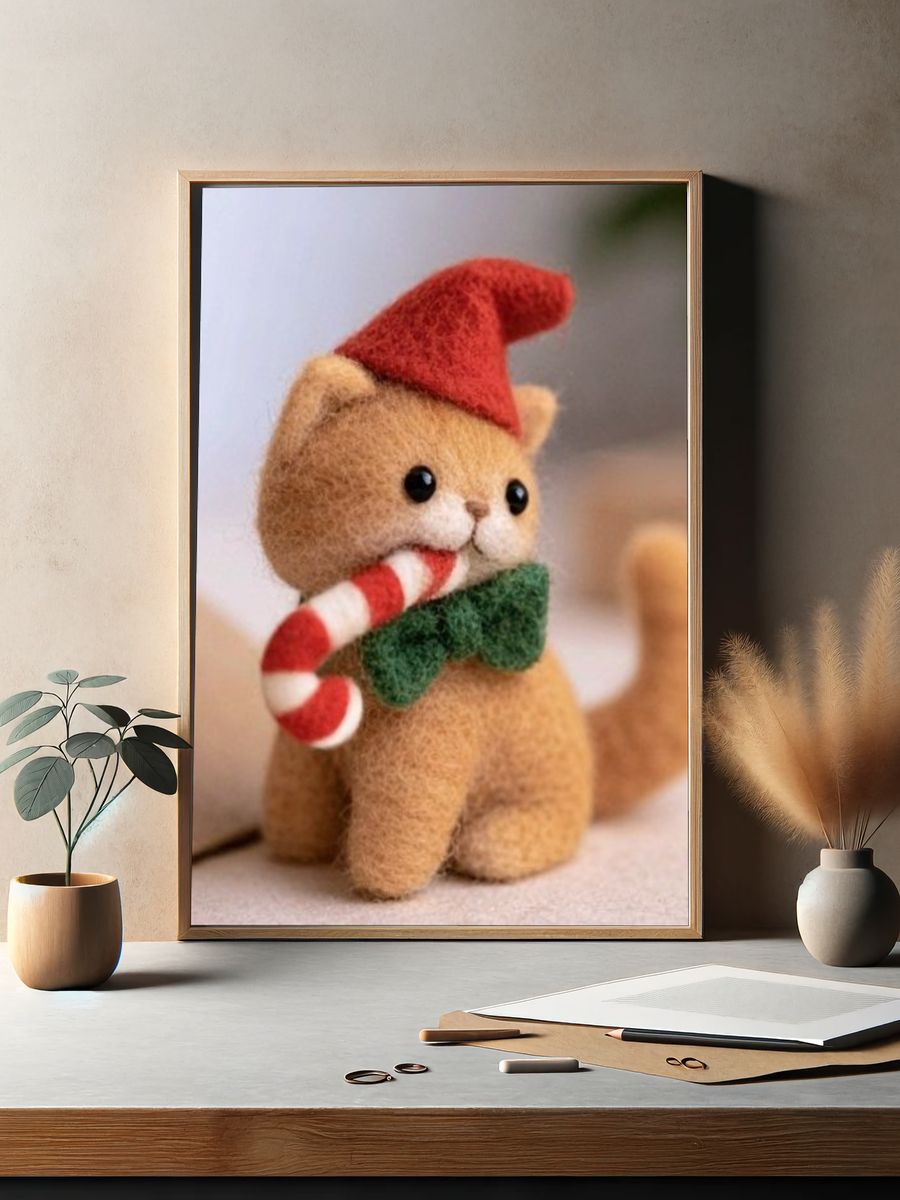 Felt Christmas Cat Illustration Poster. — room view 2