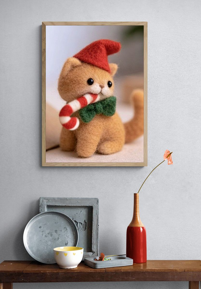 Felt Christmas Cat Illustration Poster. — room view 3
