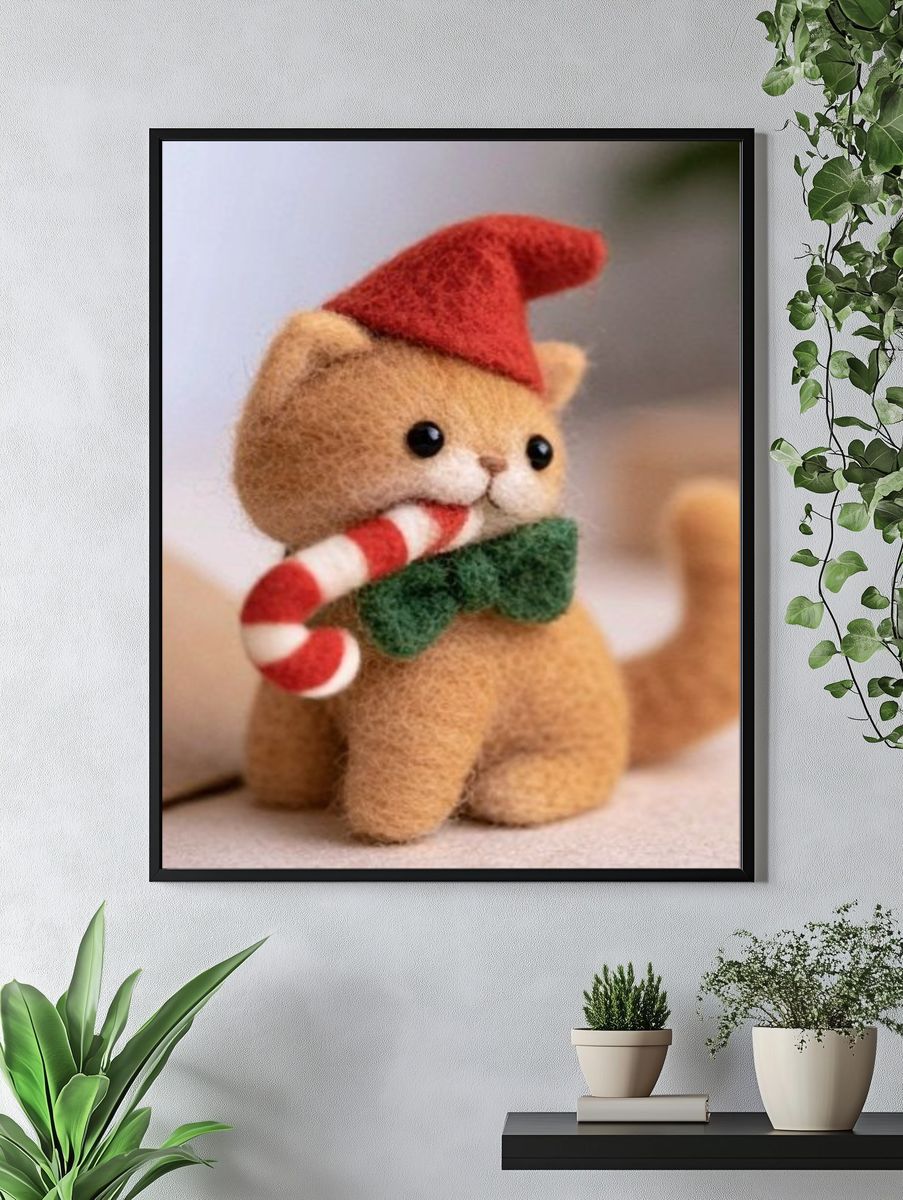 Felt Christmas Cat Illustration Poster. — room view 4