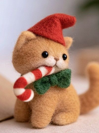 Felt Christmas Cat Illustration Poster.
